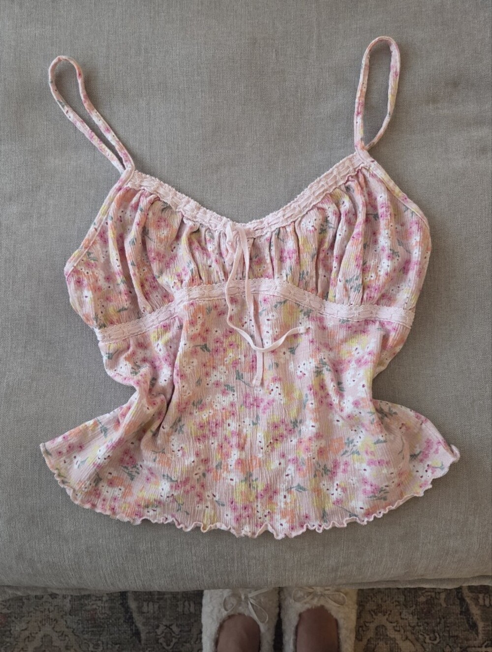 No Boundaries Pink Floral Ribbed Camisole with Lace Trim